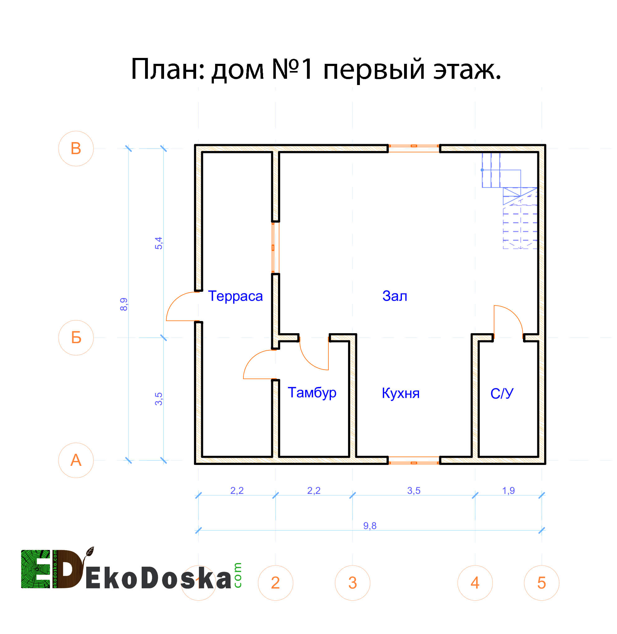Проект деревянного двухэтажного дома из бруса, Еко Доска.