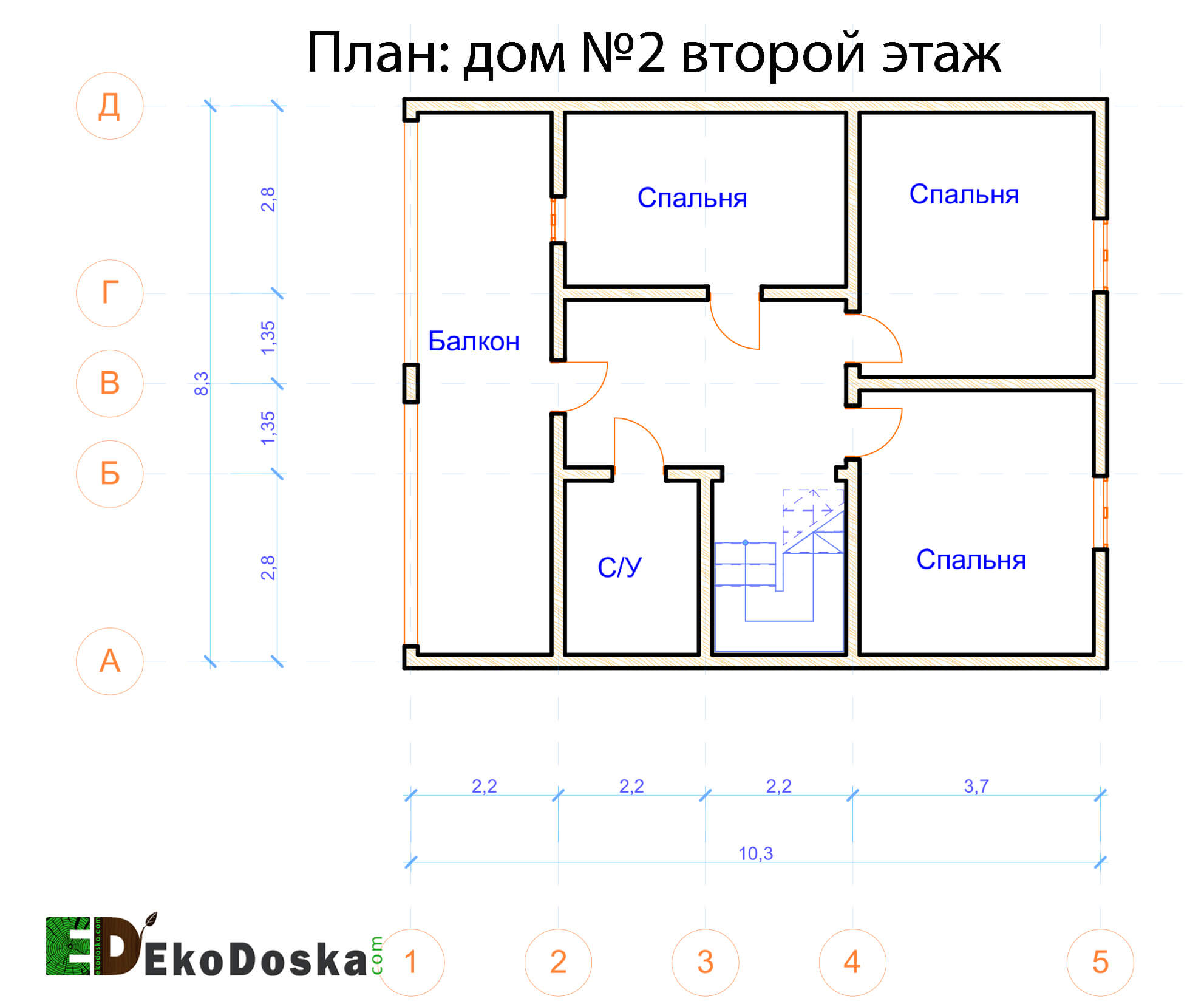 Проект двух этажного дома из бруса, компания ЕкоДоска